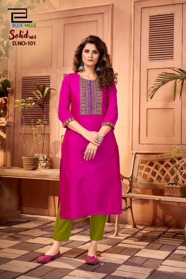 Blue Hills Solid Vol  5 Designer Cotton Embroidery Kurtis Catalog