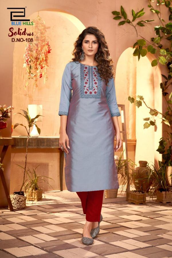 Blue Hills Solid Vol  5 Designer Cotton Embroidery Kurtis Catalog