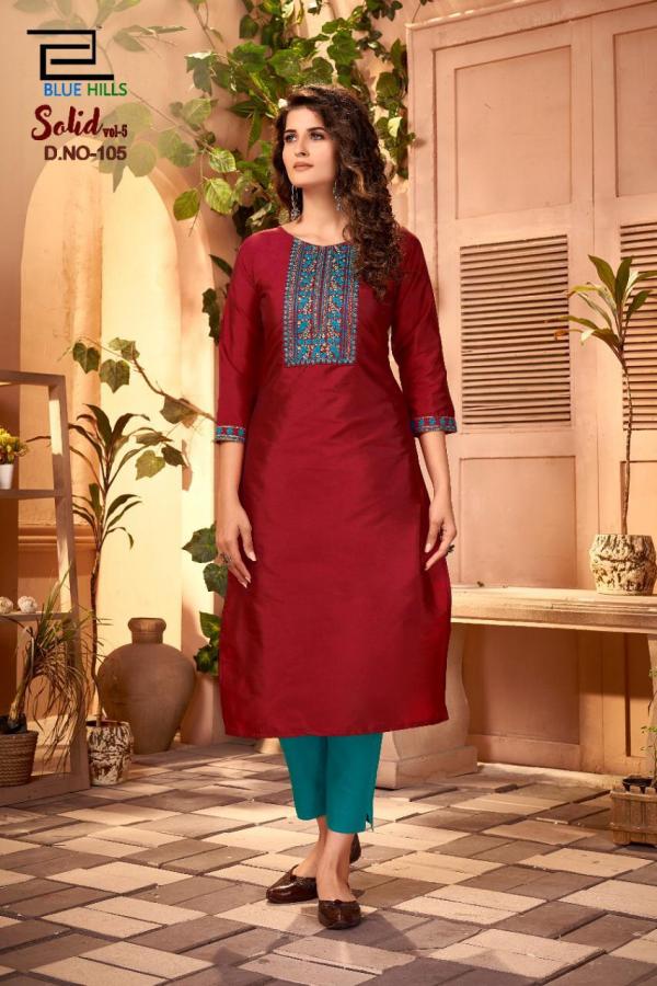 Blue Hills Solid Vol  5 Designer Cotton Embroidery Kurtis Catalog
