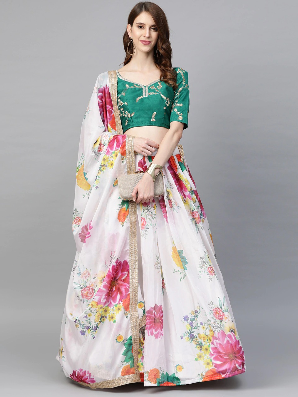Floral White & Green Style Choli  With Fancy Dupatta Collection