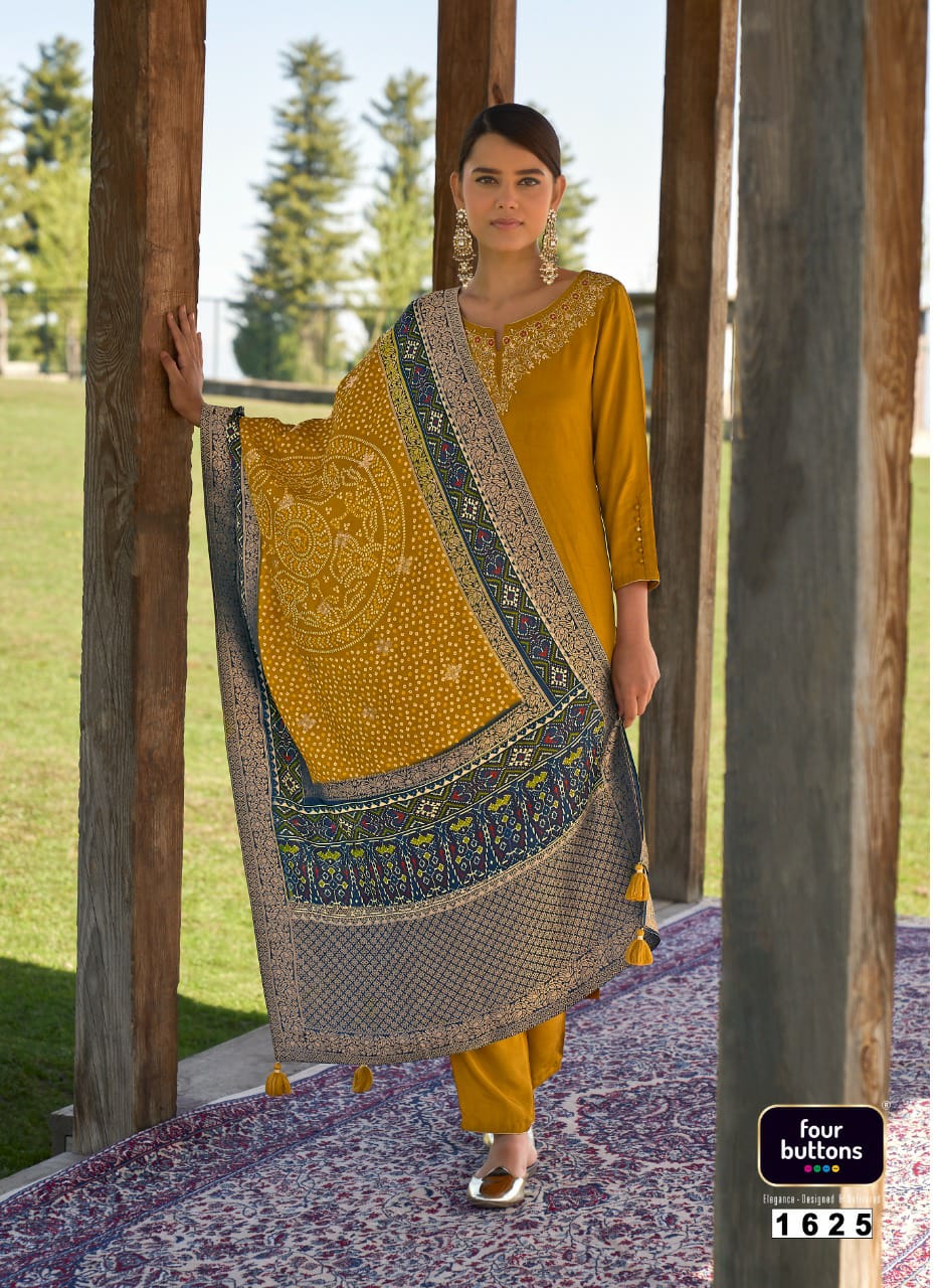 Four Buttons Bandhani Vol2 Viscose Silk With Embroidery Work Kurtis With Bottom Dupatta Catalog