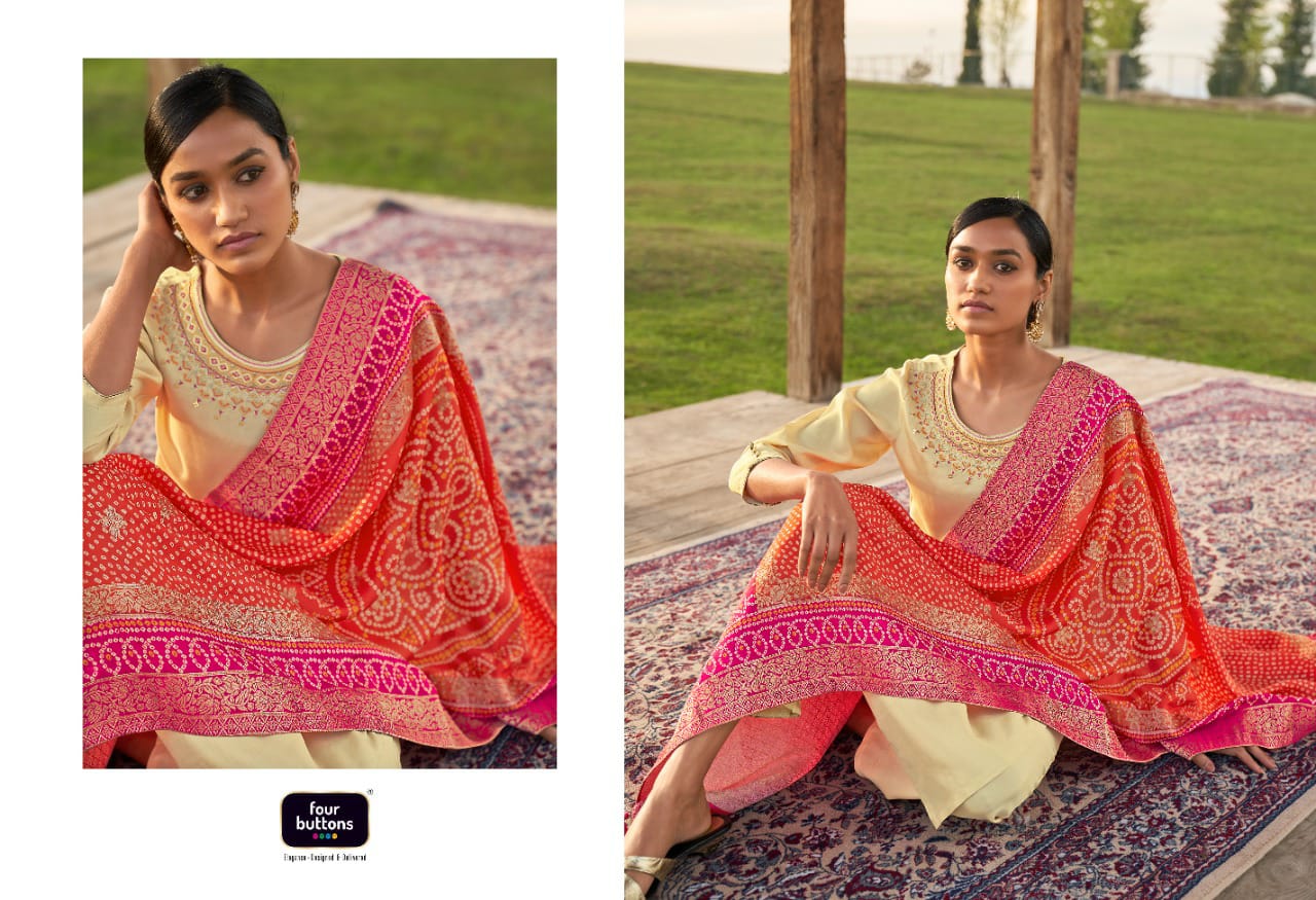 Four Buttons Bandhani Vol2 Viscose Silk With Embroidery Work Kurtis With Bottom Dupatta Catalog