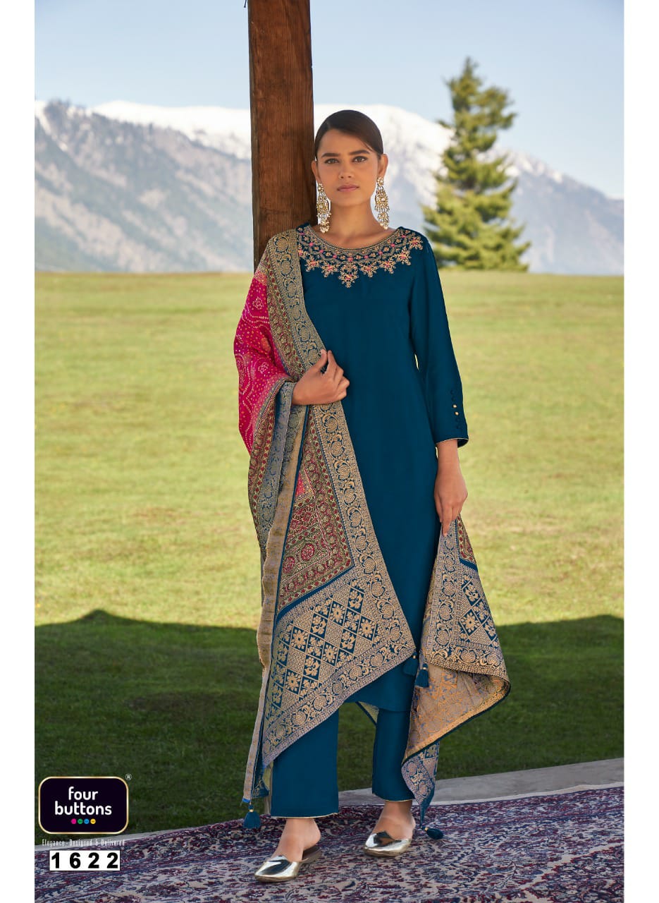 Four Buttons Bandhani Vol2 Viscose Silk With Embroidery Work Kurtis With Bottom Dupatta Catalog
