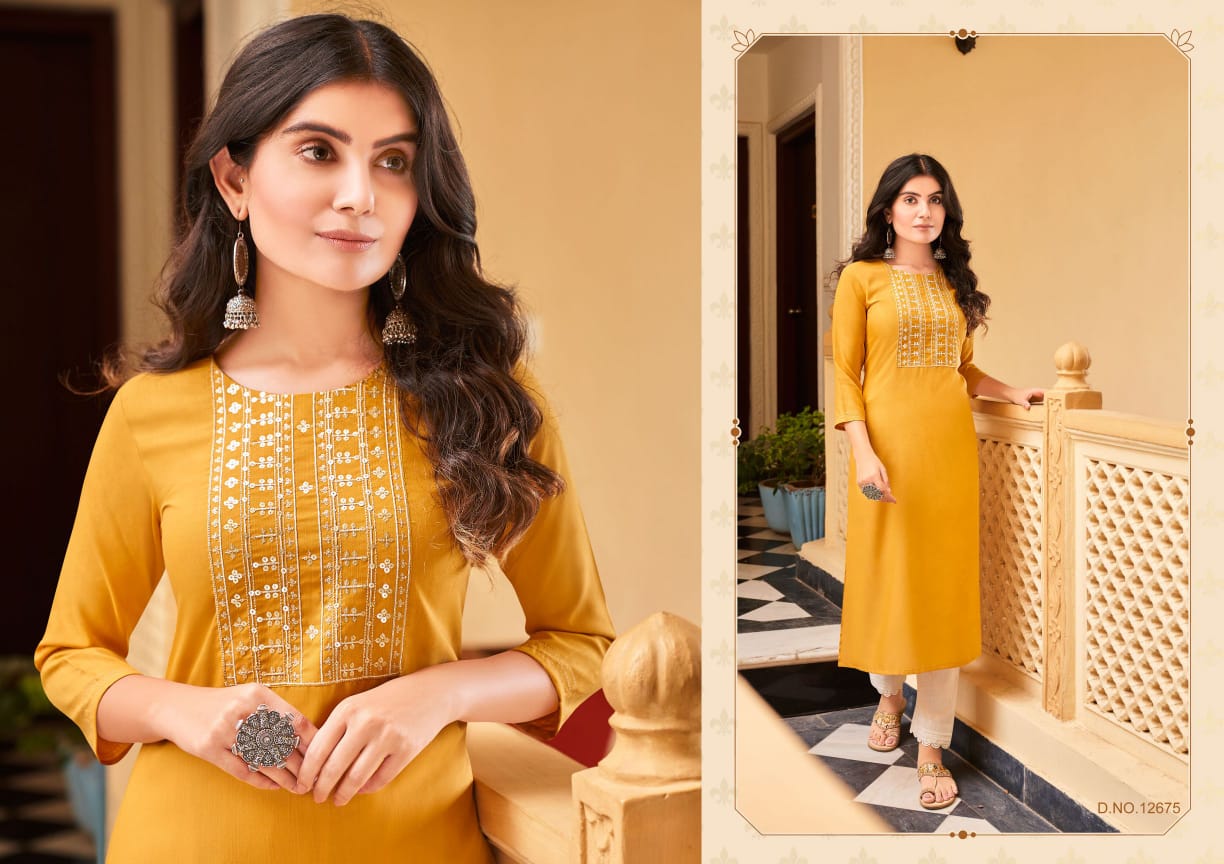 Kalaroop Sandal Rayon Fancy Embroidery Kurti Catalog