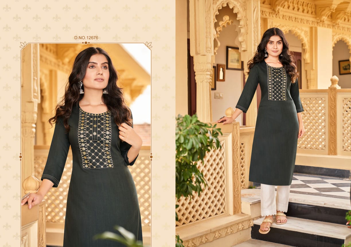 Kalaroop Sandal Rayon Fancy Embroidery Kurti Catalog