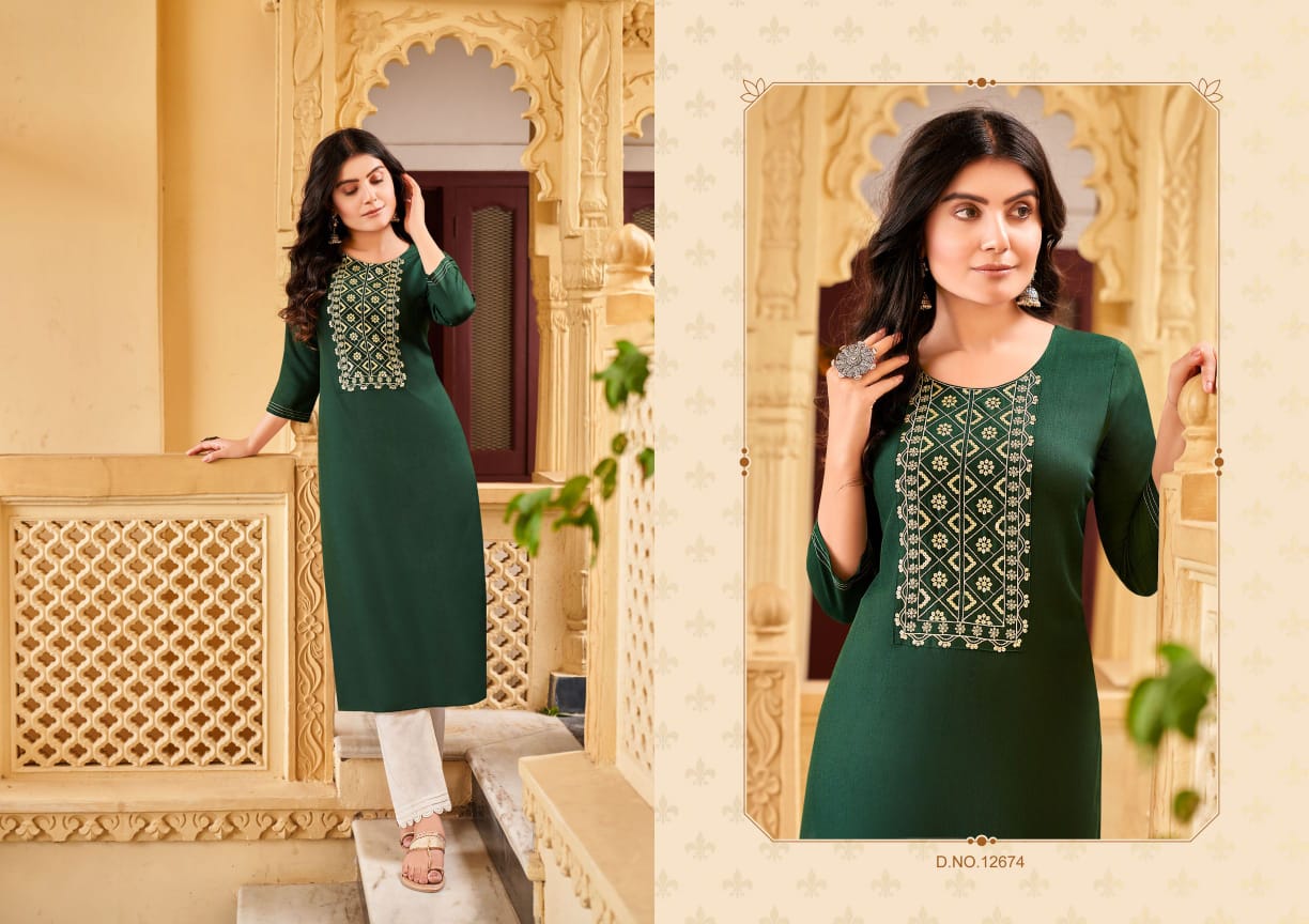 Kalaroop Sandal Rayon Fancy Embroidery Kurti Catalog