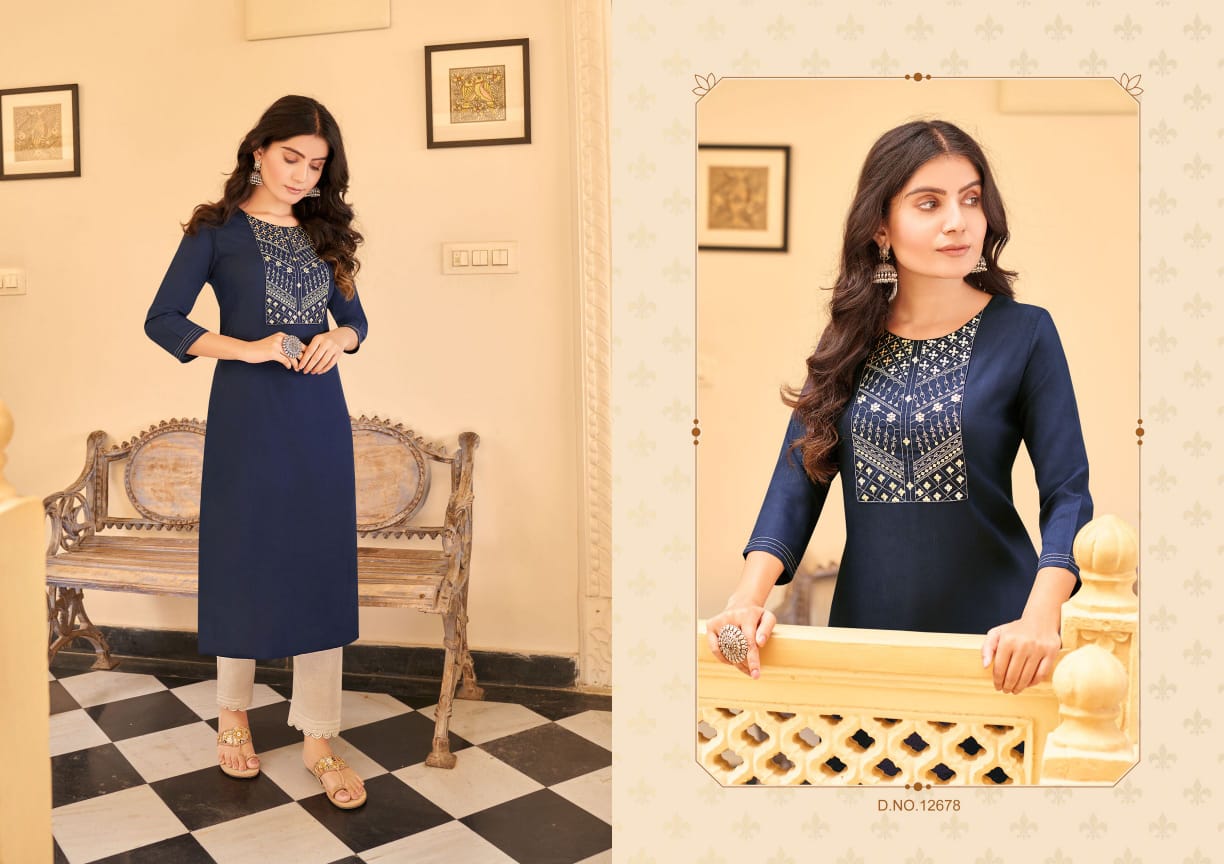 Kalaroop Sandal Rayon Fancy Embroidery Kurti Catalog