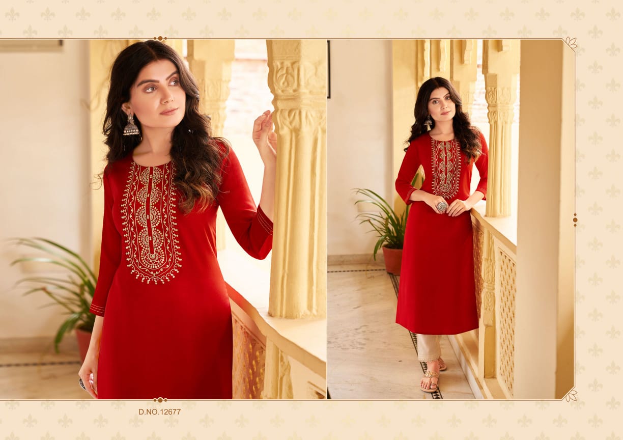 Kalaroop Sandal Rayon Fancy Embroidery Kurti Catalog