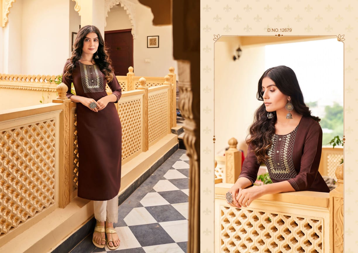 Kalaroop Sandal Rayon Fancy Embroidery Kurti Catalog