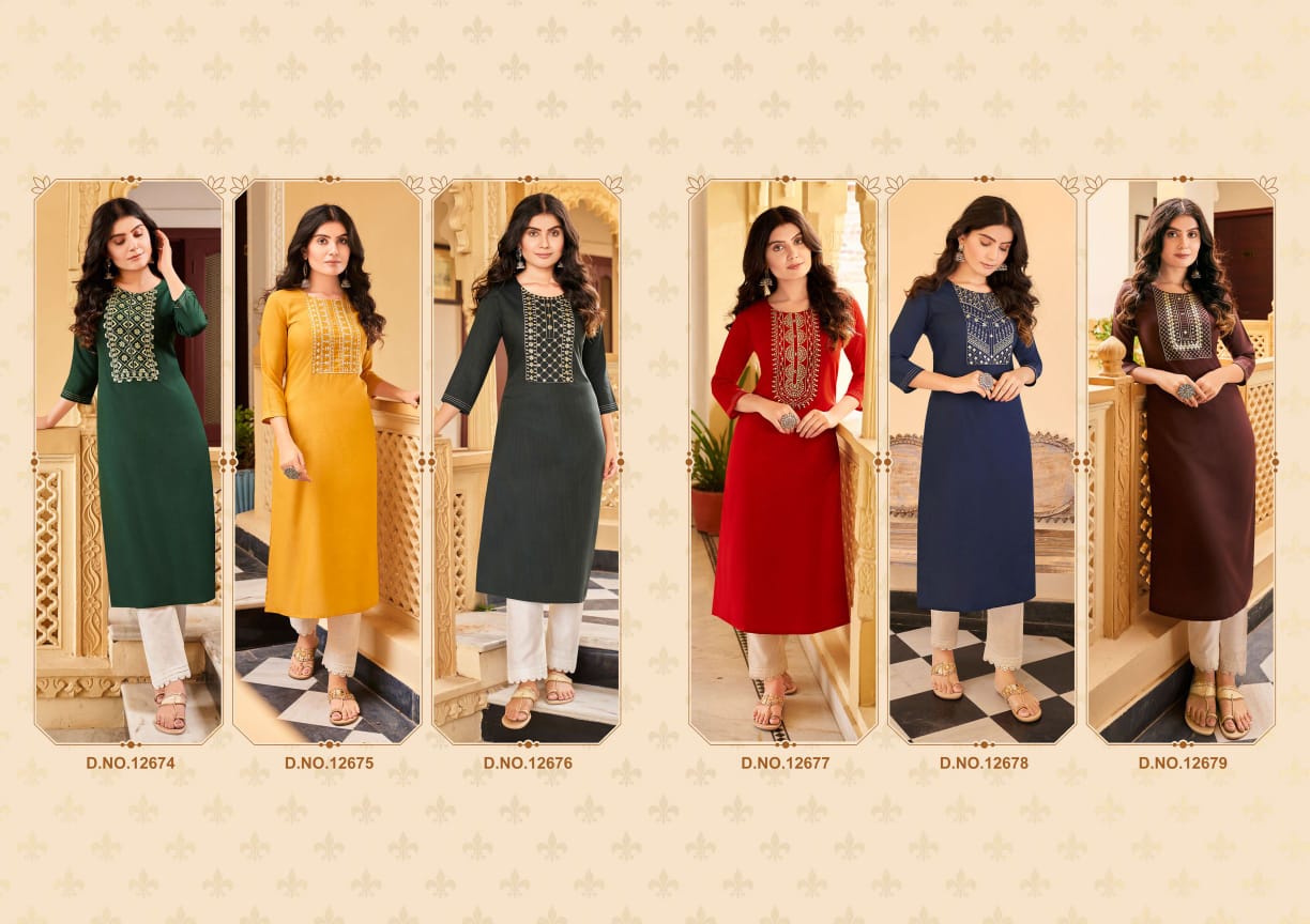 Kalaroop Sandal Rayon Fancy Embroidery Kurti Catalog