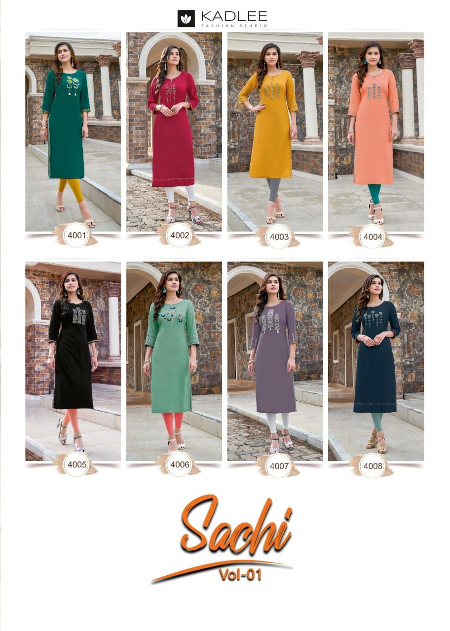 Kadlee  Sachi Vol  1 Designer Rayon Embroidery Kurti Catalog
