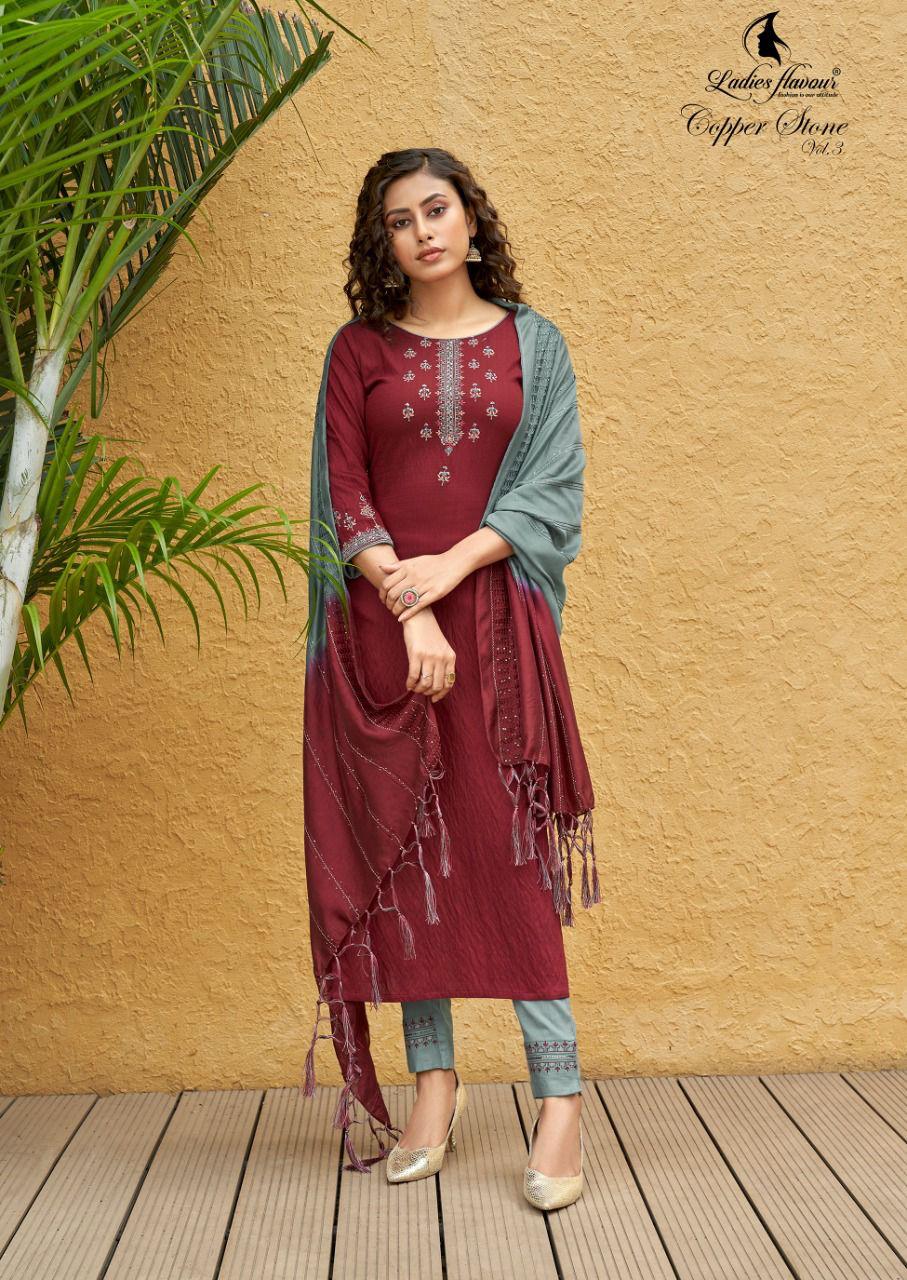Ladies Flavour Copper Stone Vol 3 Designer Embroidery Party Wear Ready-made Kurti Catalog