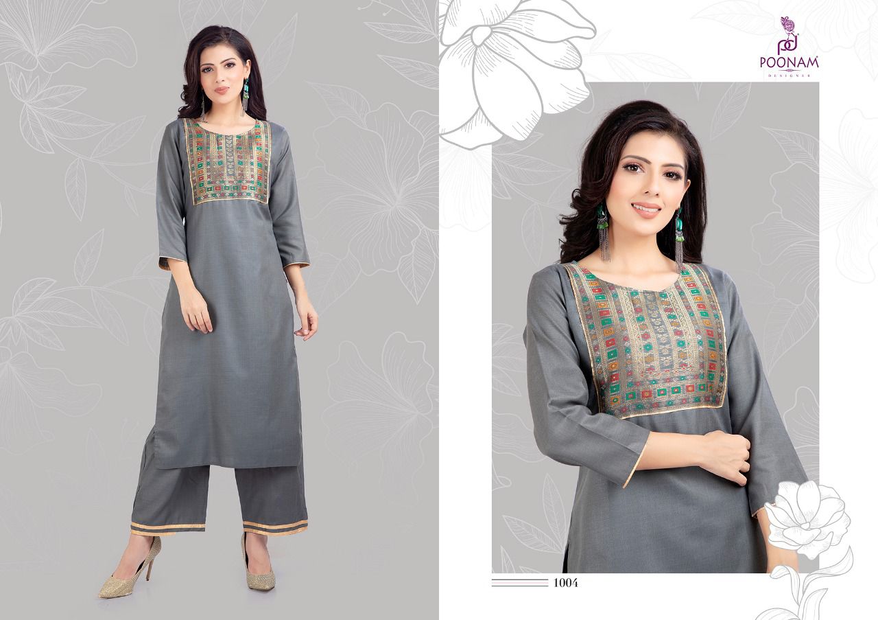 Poonam Qura Designer Jacquard Kurti With Plazzo Catalog