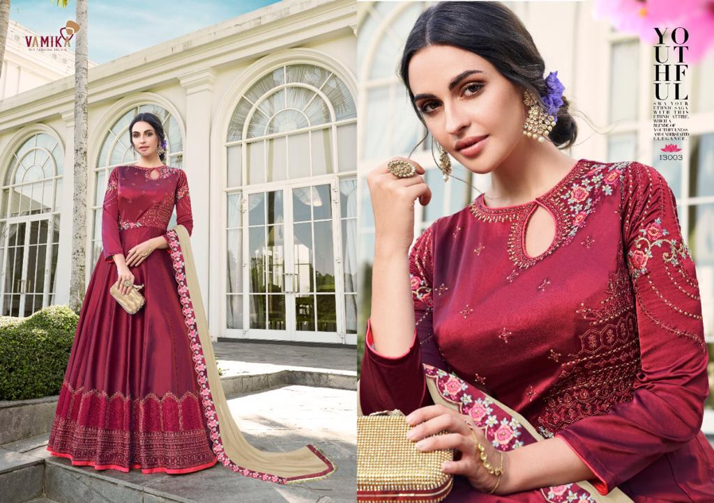 Vamika Elegant Designer Silk Embroidery Gown With Dupatta Catalaog