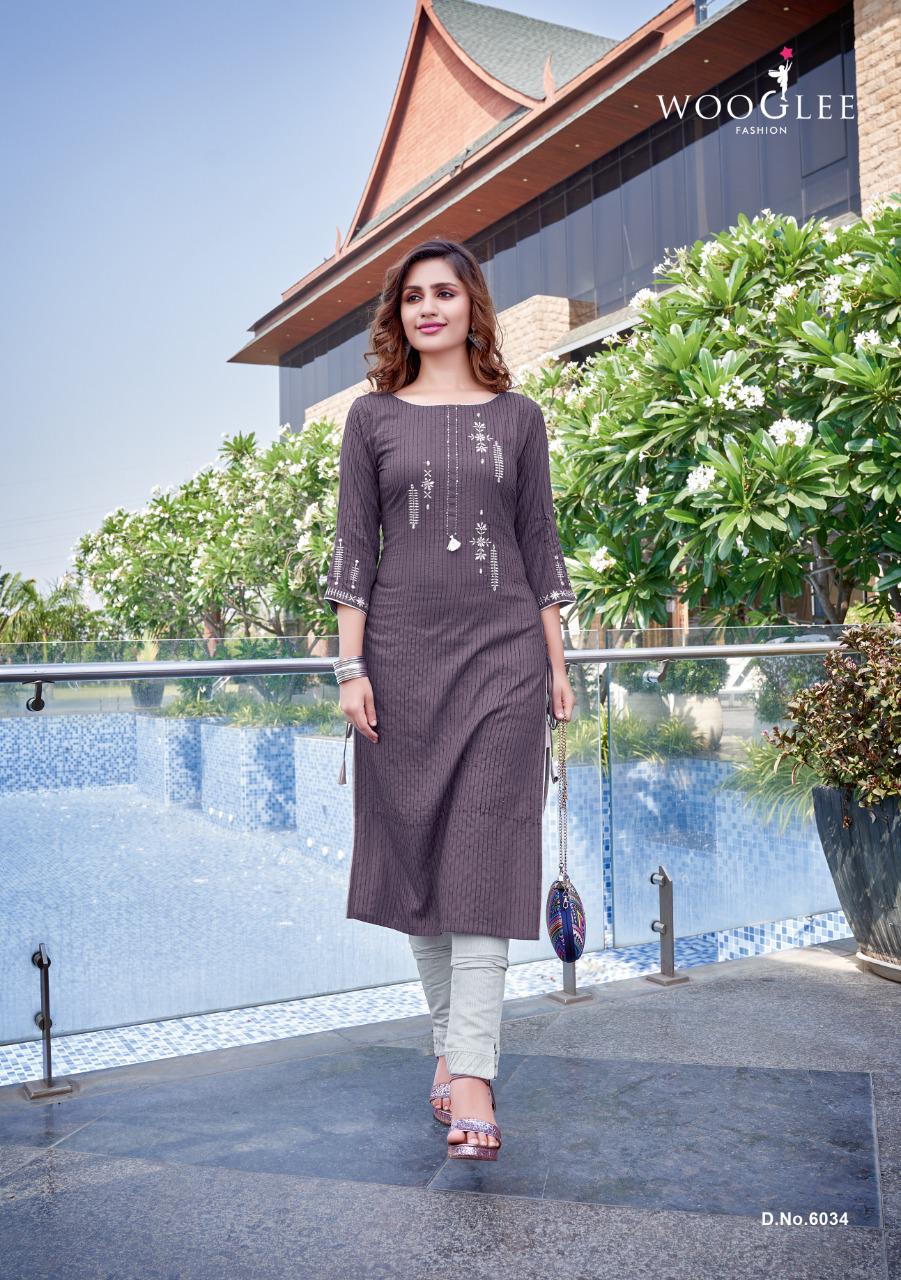 Wooglee Kesar Vol  4 Designer Rayon Embroidery Kurti With Bottom Catalotg
