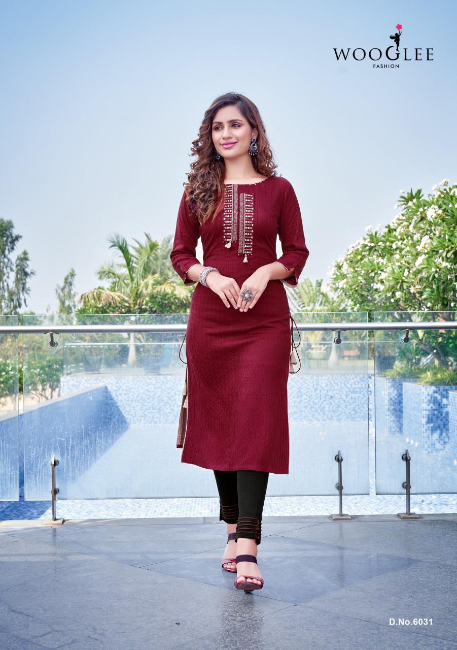 Wooglee Kesar Vol  4 Designer Rayon Embroidery Kurti With Bottom Catalotg