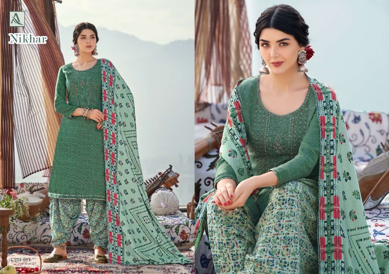 Alok  Nikhar Pashmina Self Print With Embroidery Dress Material Catalog