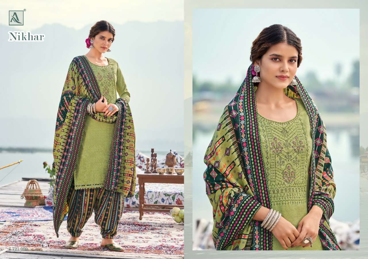 Alok  Nikhar Pashmina Self Print With Embroidery Dress Material Catalog