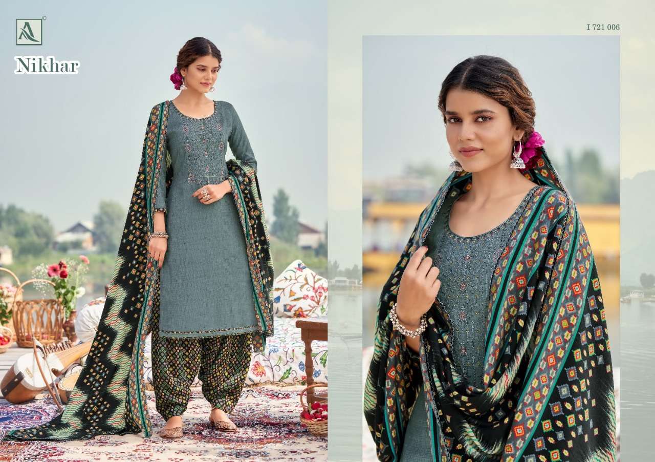 Alok  Nikhar Pashmina Self Print With Embroidery Dress Material Catalog