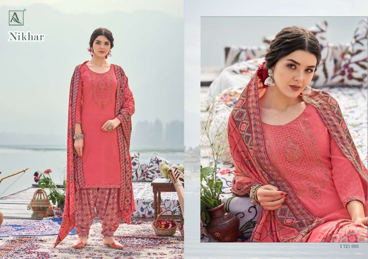 Alok  Nikhar Pashmina Self Print With Embroidery Dress Material Catalog