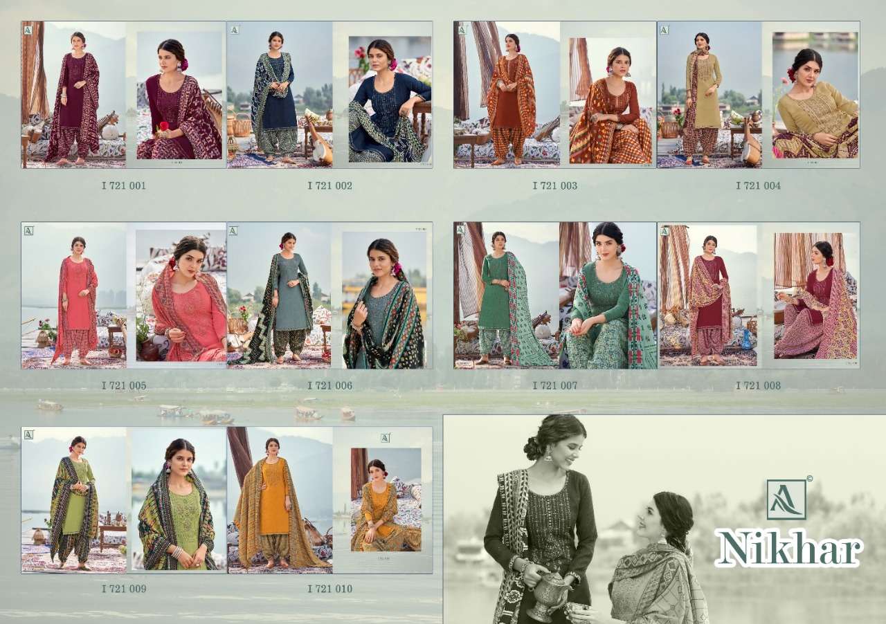 Alok  Nikhar Pashmina Self Print With Embroidery Dress Material Catalog