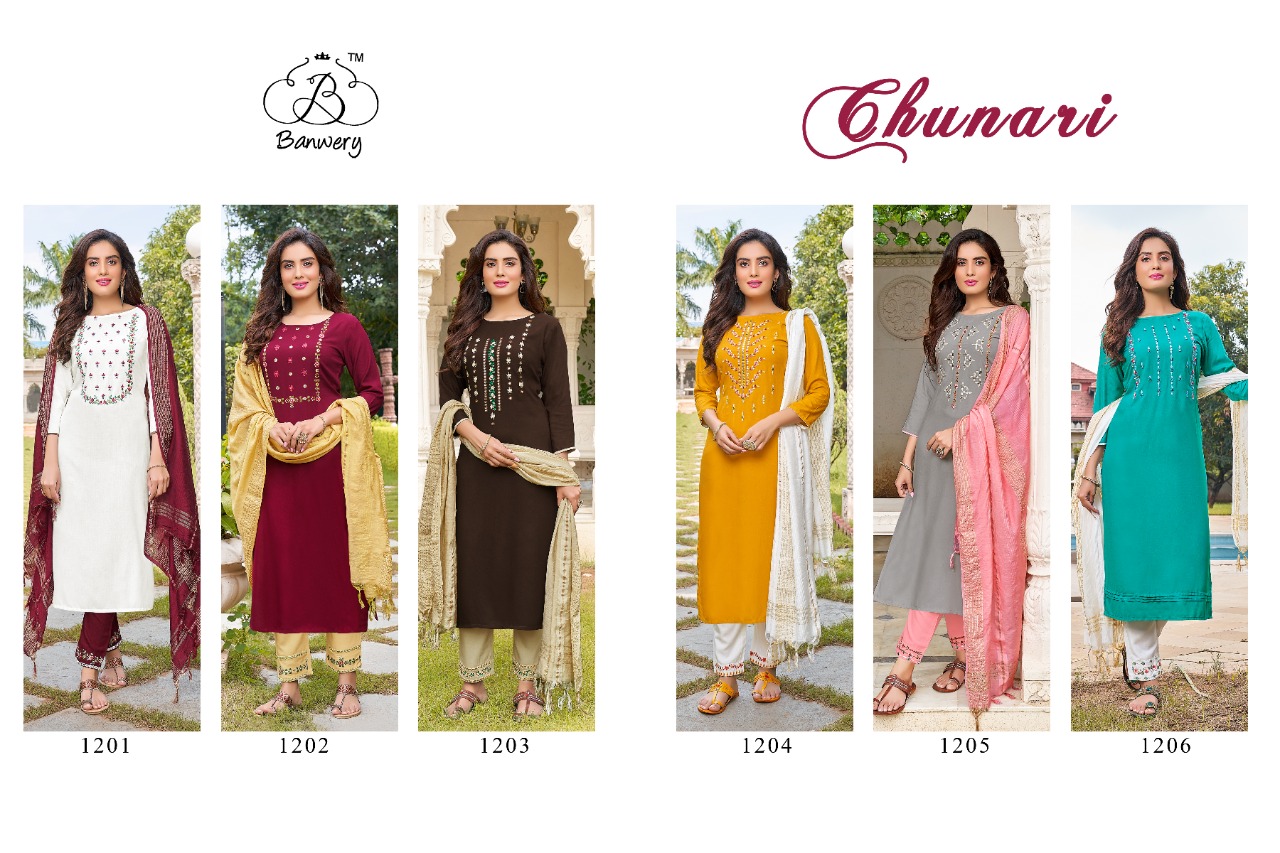 Banwery Chunari Rayon Designer Ready Made Kurti  Pant With Dupatta Catalogue