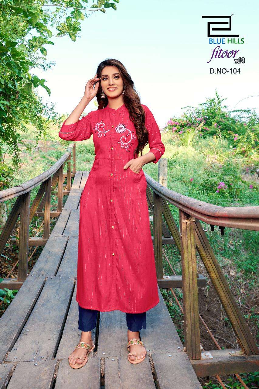 Blue Hills Fitoor Vol-3 Rayon Lurex  Long Straight Kurti With Double Pocket Catalog