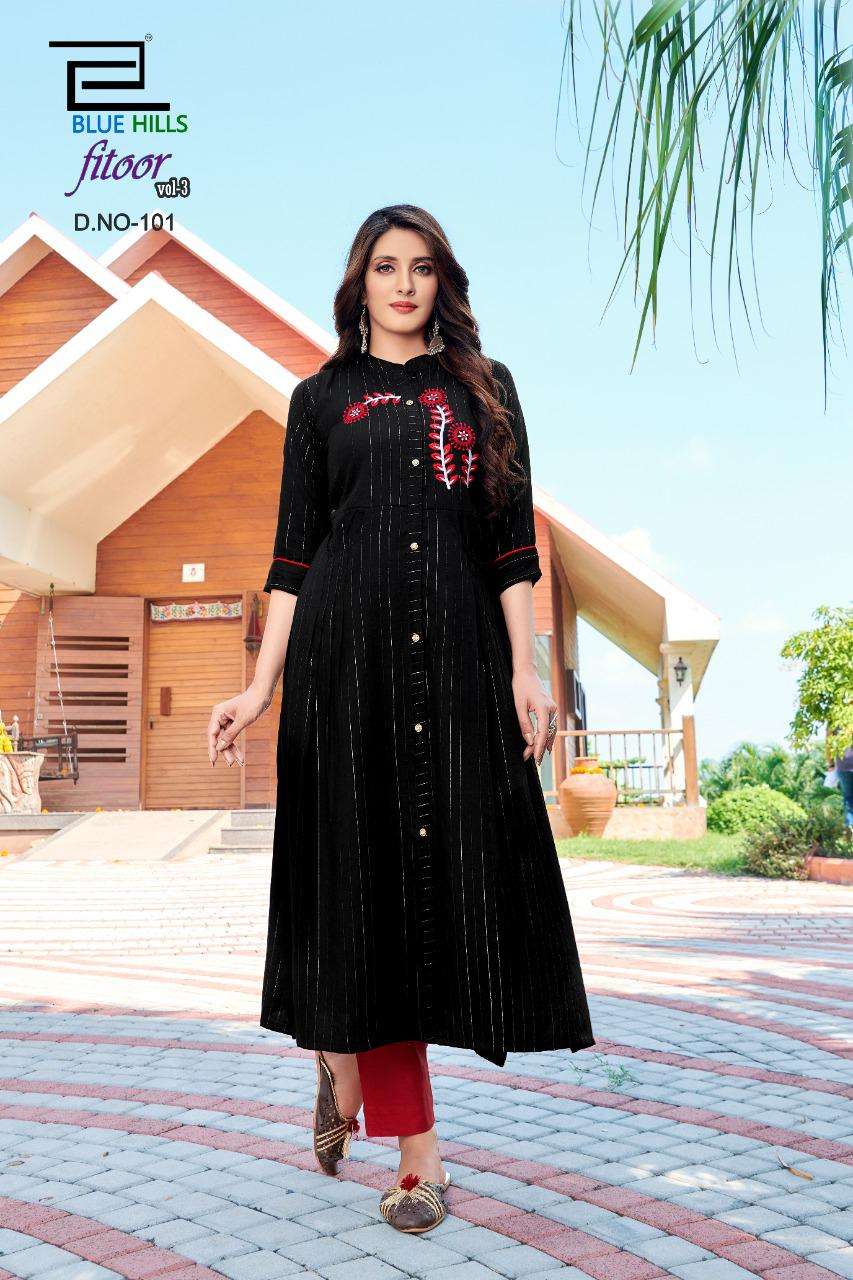 Blue Hills Fitoor Vol-3 Rayon Lurex  Long Straight Kurti With Double Pocket Catalog