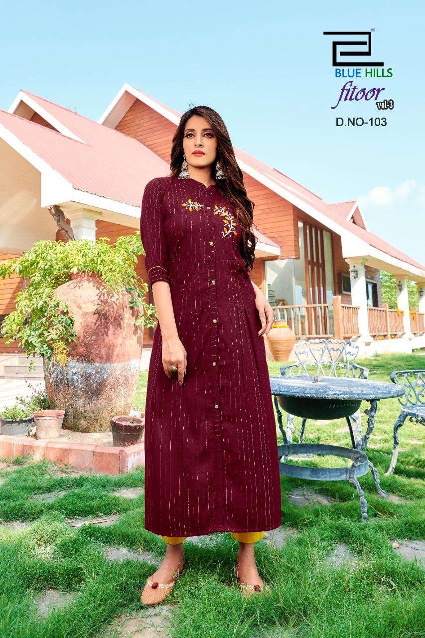 Blue Hills Fitoor Vol-3 Rayon Lurex  Long Straight Kurti With Double Pocket Catalog