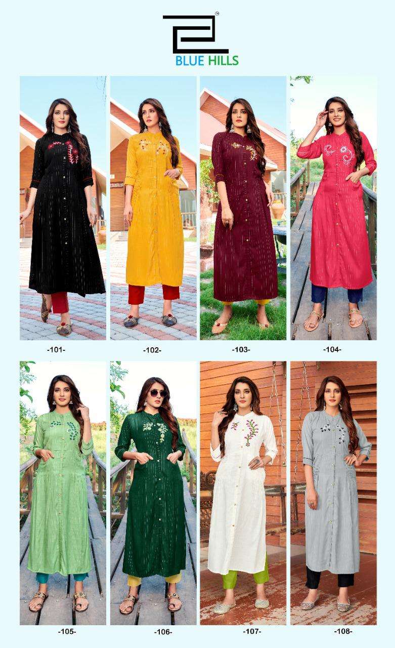 Blue Hills Fitoor Vol-3 Rayon Lurex  Long Straight Kurti With Double Pocket Catalog