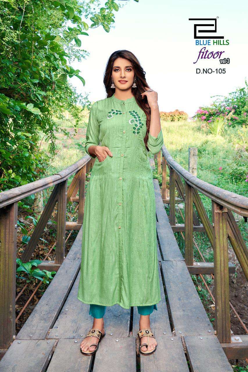 Blue Hills Fitoor Vol-3 Rayon Lurex  Long Straight Kurti With Double Pocket Catalog