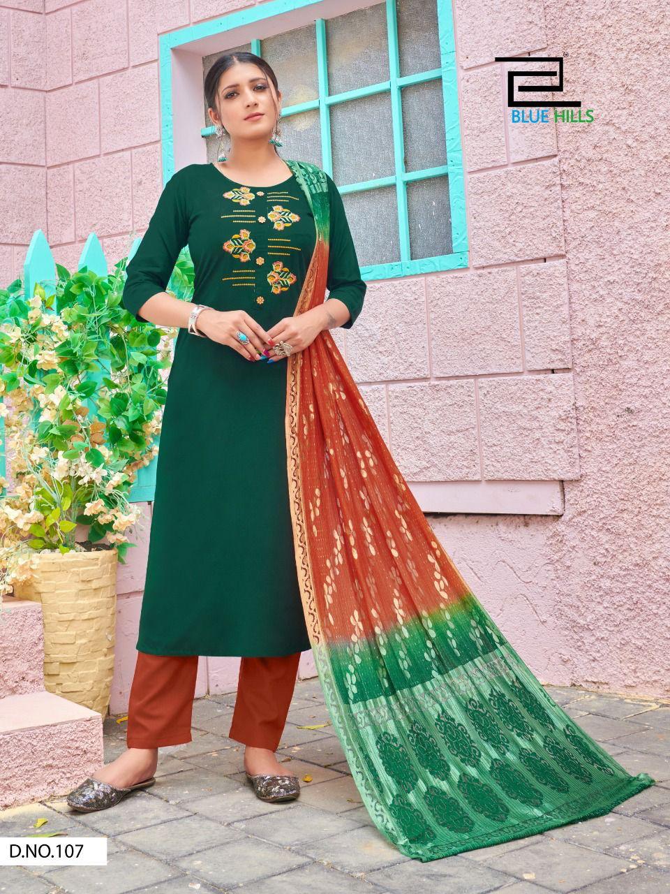 Blue Hills New Generation Designer Ready Made Buy  Women's Rayon Printed Kurti With Bottom And Dupatta
