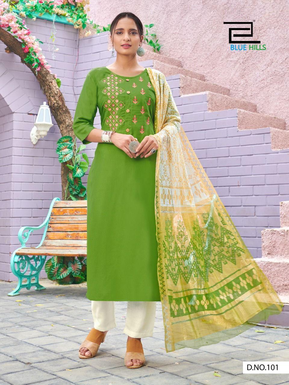 Blue Hills New Generation Designer Ready Made Buy  Women's Rayon Printed Kurti With Bottom And Dupatta