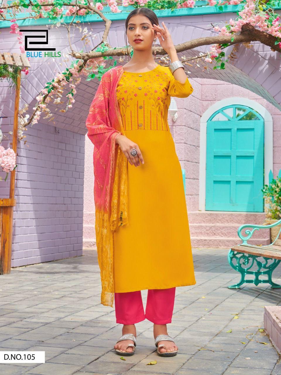 Blue Hills New Generation Designer Ready Made Buy  Women's Rayon Printed Kurti With Bottom And Dupatta