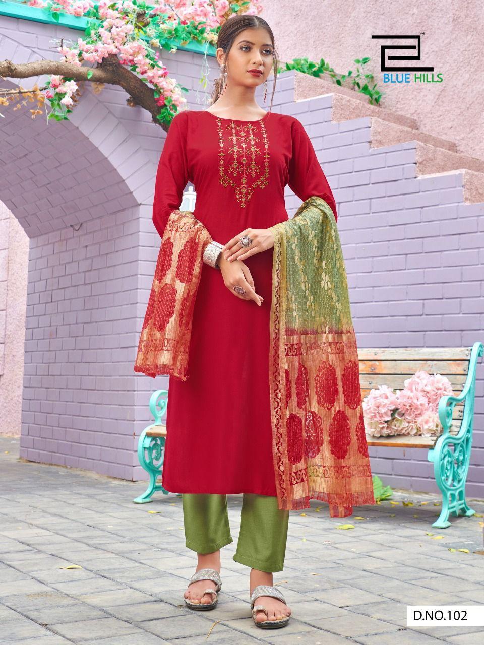 Blue Hills New Generation Designer Ready Made Buy  Women's Rayon Printed Kurti With Bottom And Dupatta