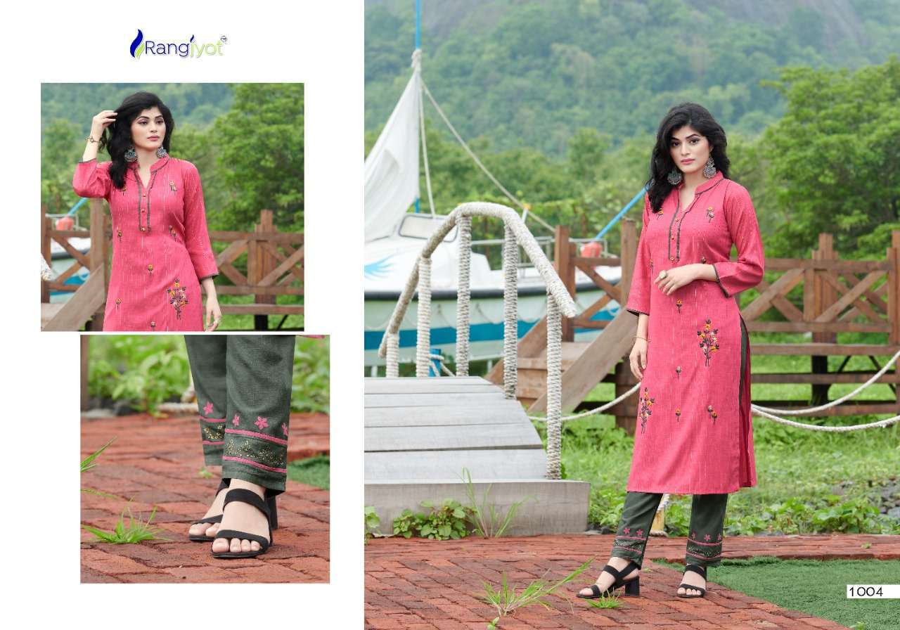 Rangjyot Riddhi Vol 1 Rayon With Embroidery Work Kurti With Pant Catalog