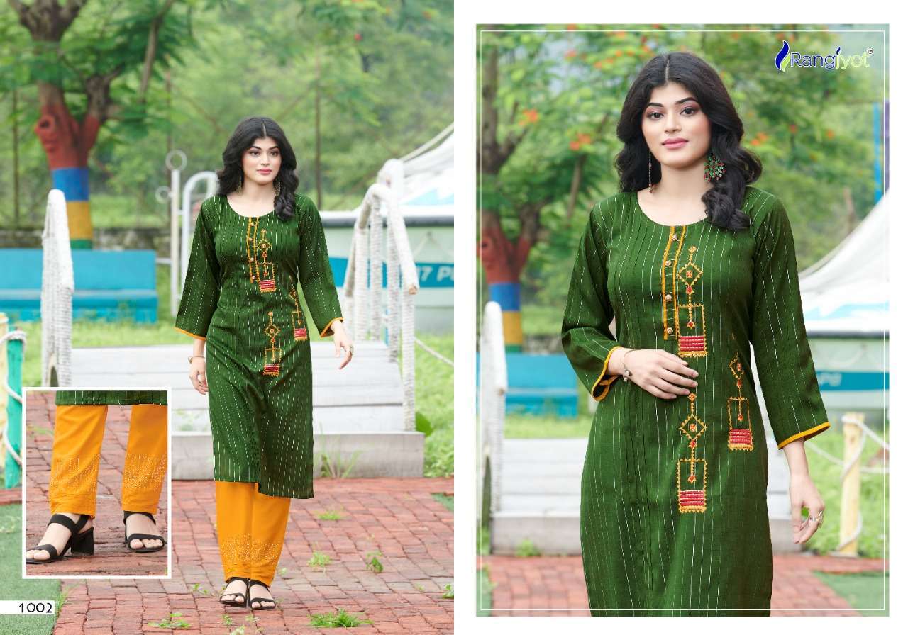 Rangjyot Riddhi Vol 1 Rayon With Embroidery Work Kurti With Pant Catalog