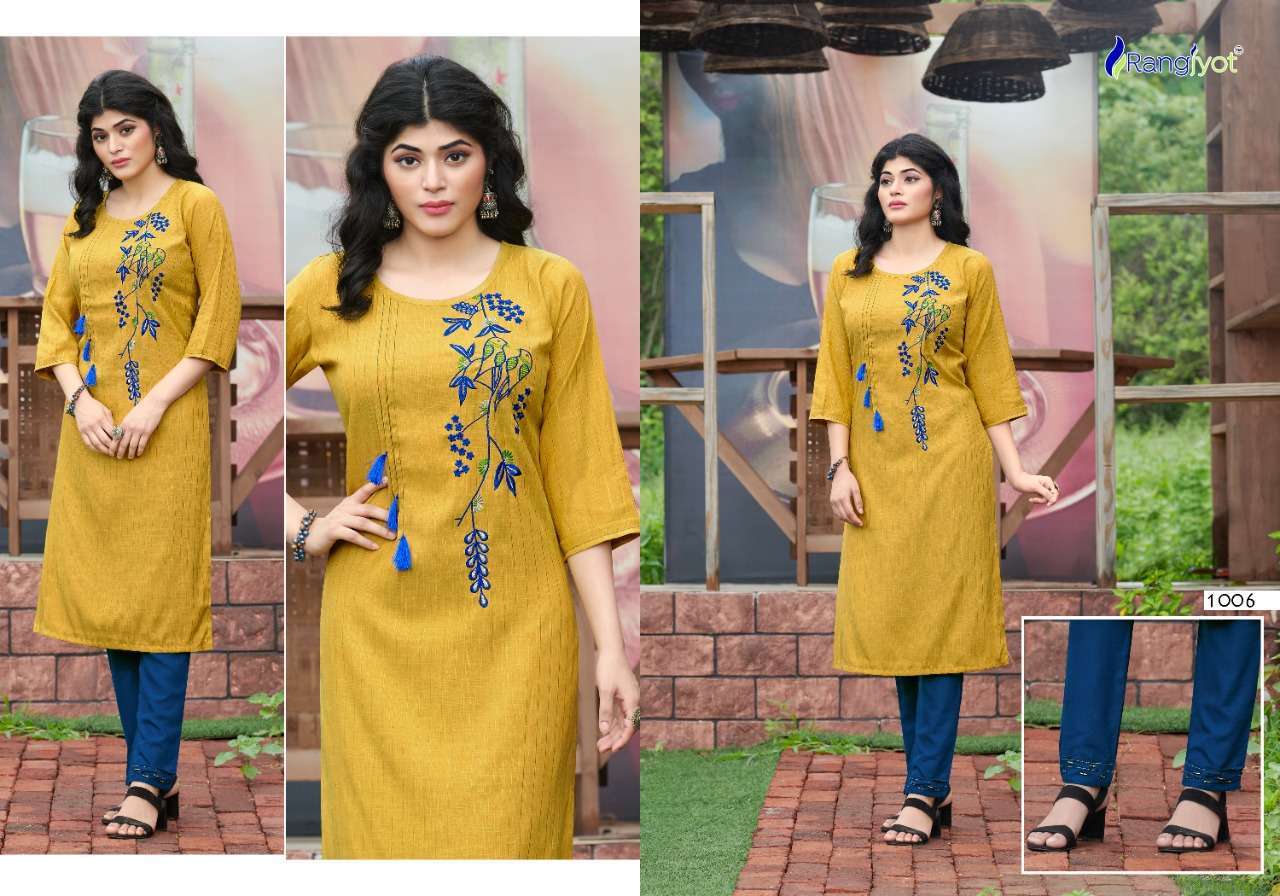 Rangjyot Riddhi Vol 1 Rayon With Embroidery Work Kurti With Pant Catalog