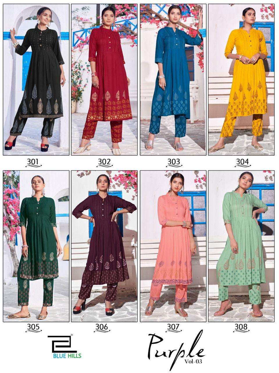Blue Hills Purple Vol 3 Block Print With Hand Work Kurtis With Bottom Catalog
