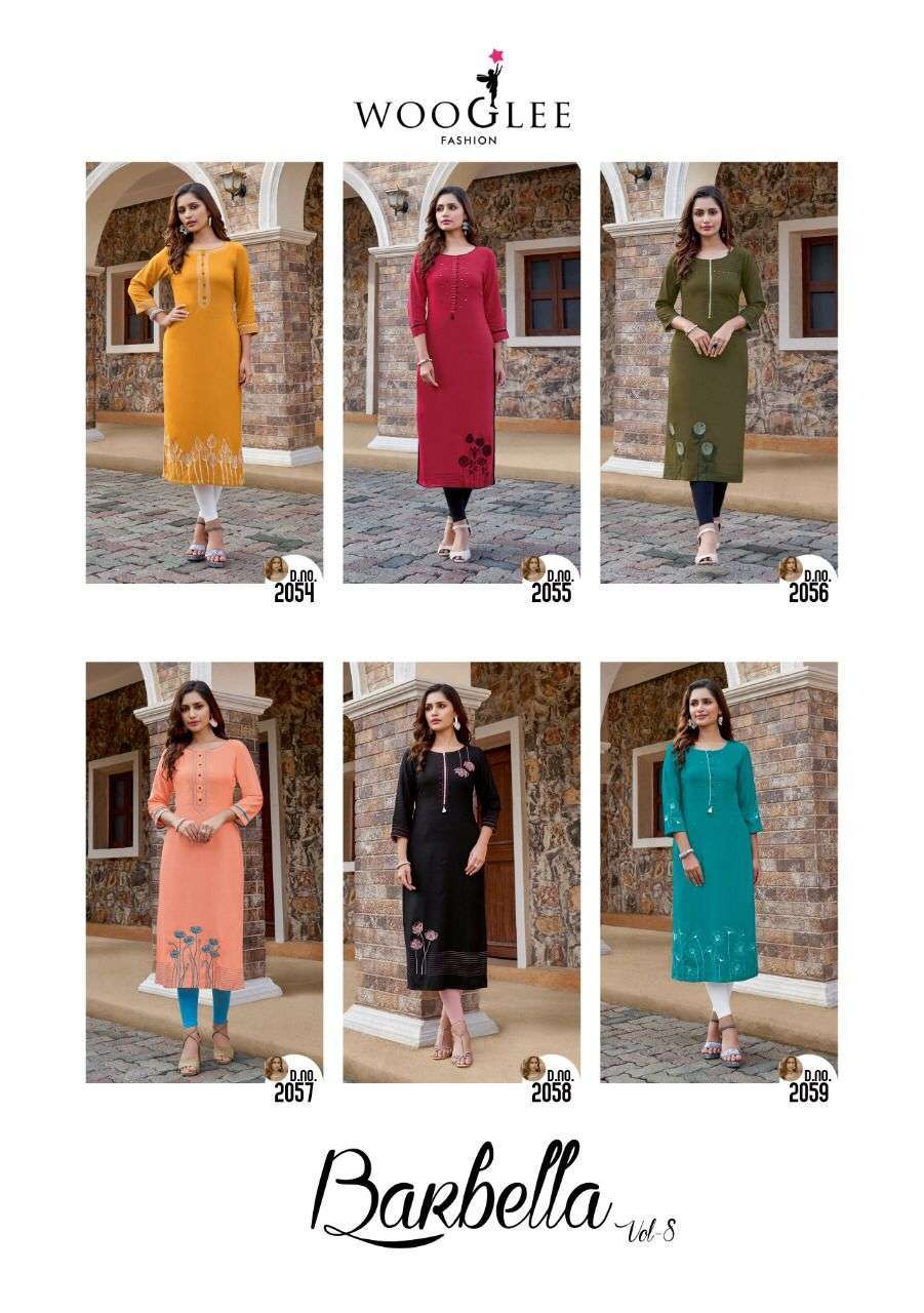 Wooglee Barbella Vol 8 Rayon With Embroidery Wholesale Kurtis Catalog