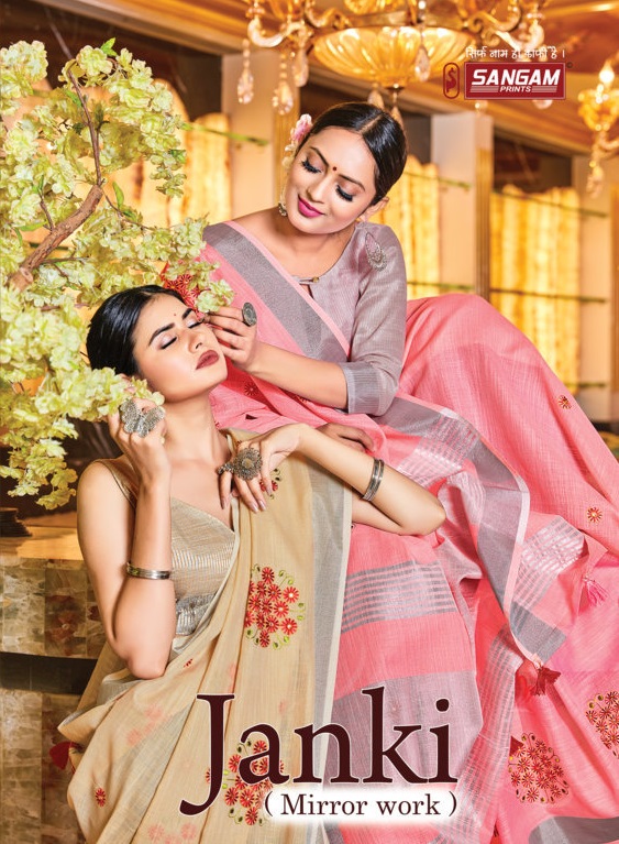 Sangam Presents Janki Linen Embroidery Mirror Work Sarees