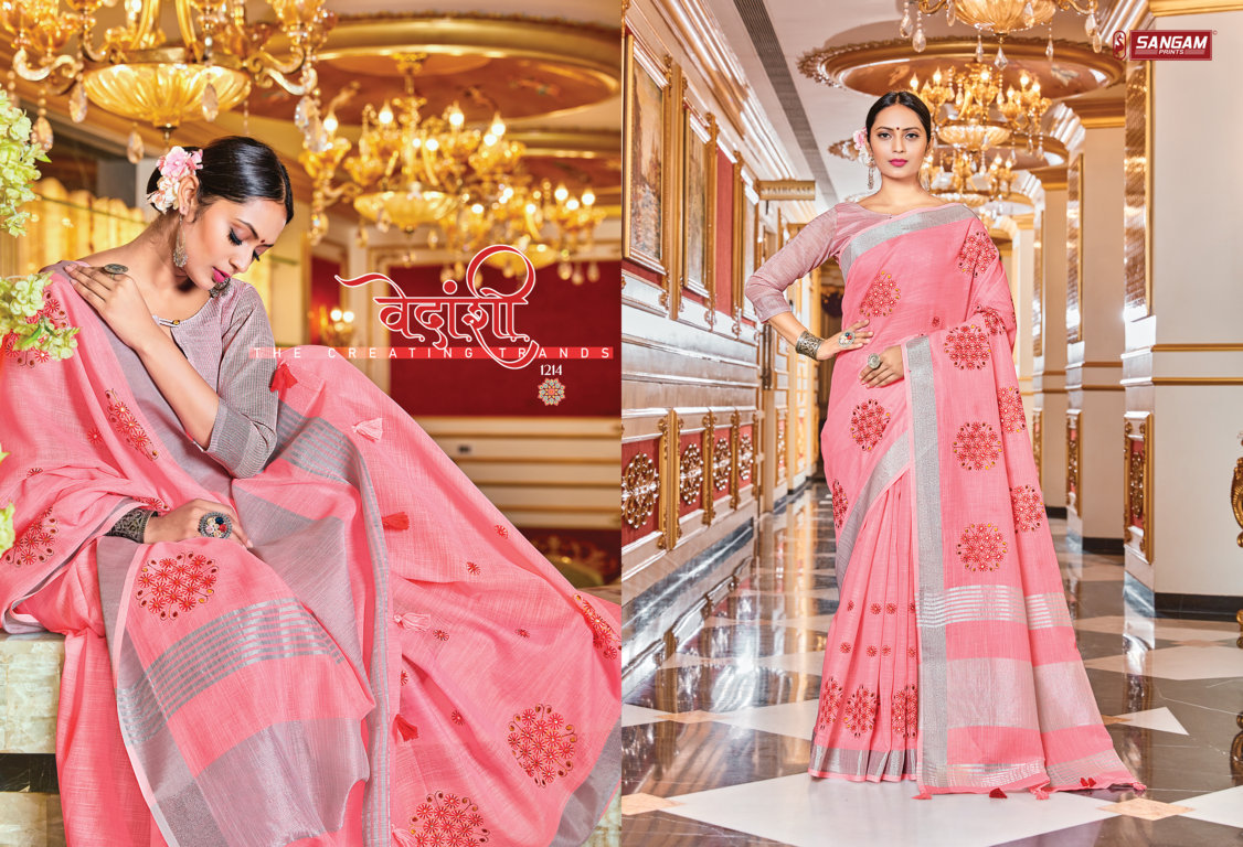 Sangam Presents Janki Linen Embroidery Mirror Work Sarees