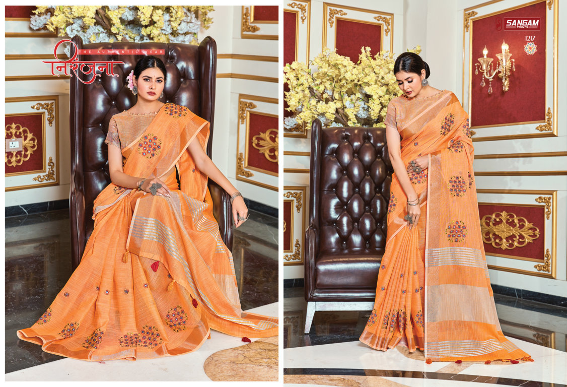 Sangam Presents Janki Linen Embroidery Mirror Work Sarees