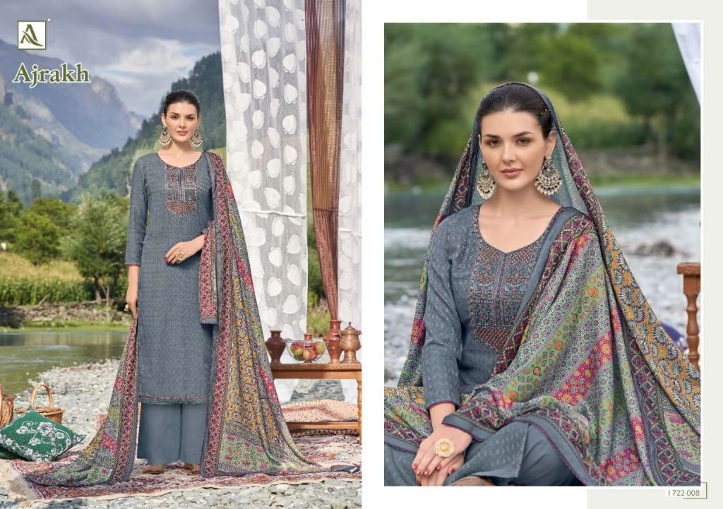 Alok Ajrak Pure Wool Pashmina Self Print With Work Dress Material Catalog