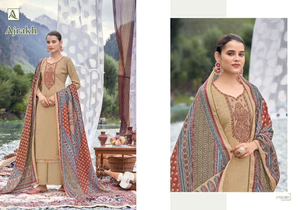 Alok Ajrak Pure Wool Pashmina Self Print With Work Dress Material Catalog