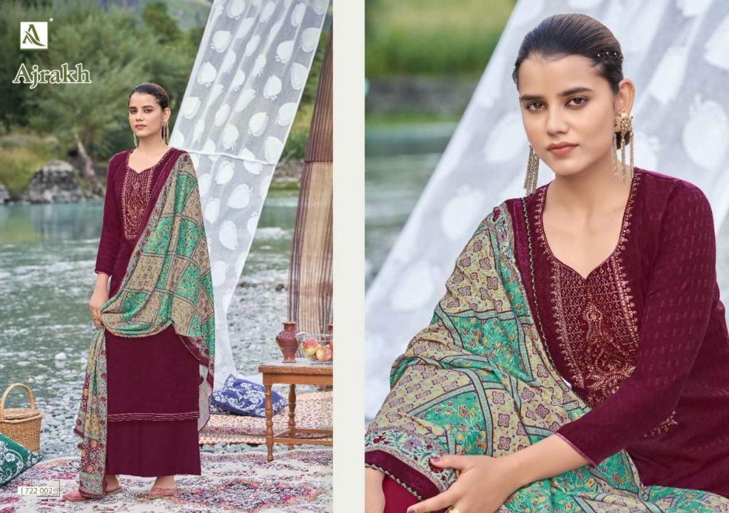 Alok Ajrak Pure Wool Pashmina Self Print With Work Dress Material Catalog