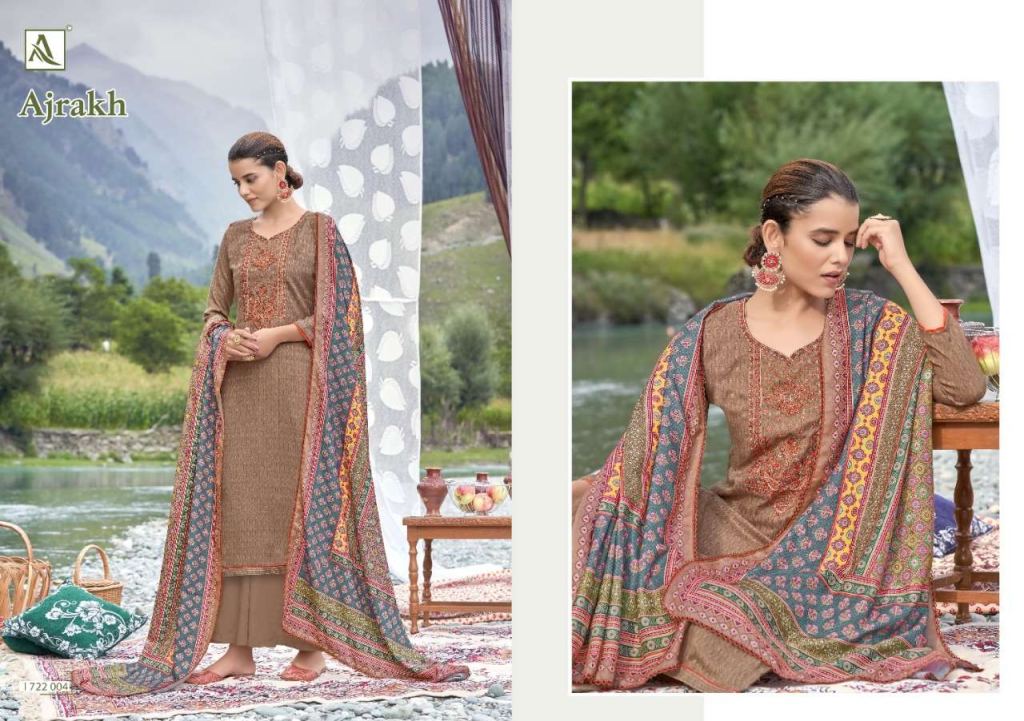Alok Ajrak Pure Wool Pashmina Self Print With Work Dress Material Catalog