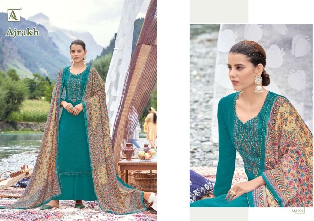 Alok Ajrak Pure Wool Pashmina Self Print With Work Dress Material Catalog
