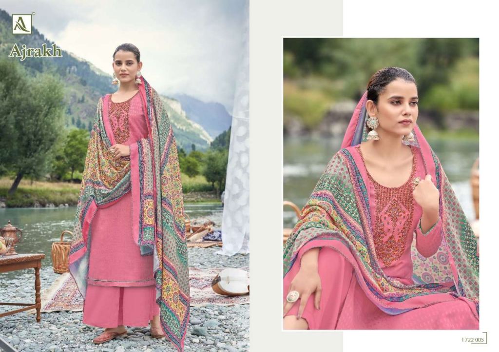 Alok Ajrak Pure Wool Pashmina Self Print With Work Dress Material Catalog