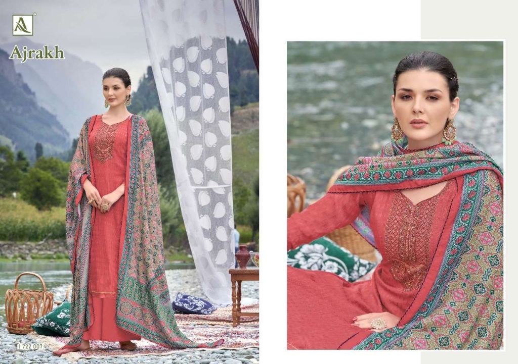 Alok Ajrak Pure Wool Pashmina Self Print With Work Dress Material Catalog